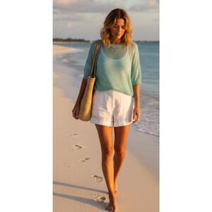 Eileen Fisher Mint Light Teal Short Sleeve Knit Sweater M Mesh Beach Coverup